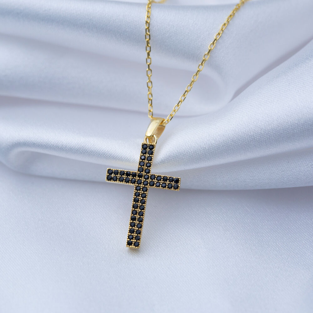 Black CZ Stone Cross Design Charm Necklace Silver Jewelry