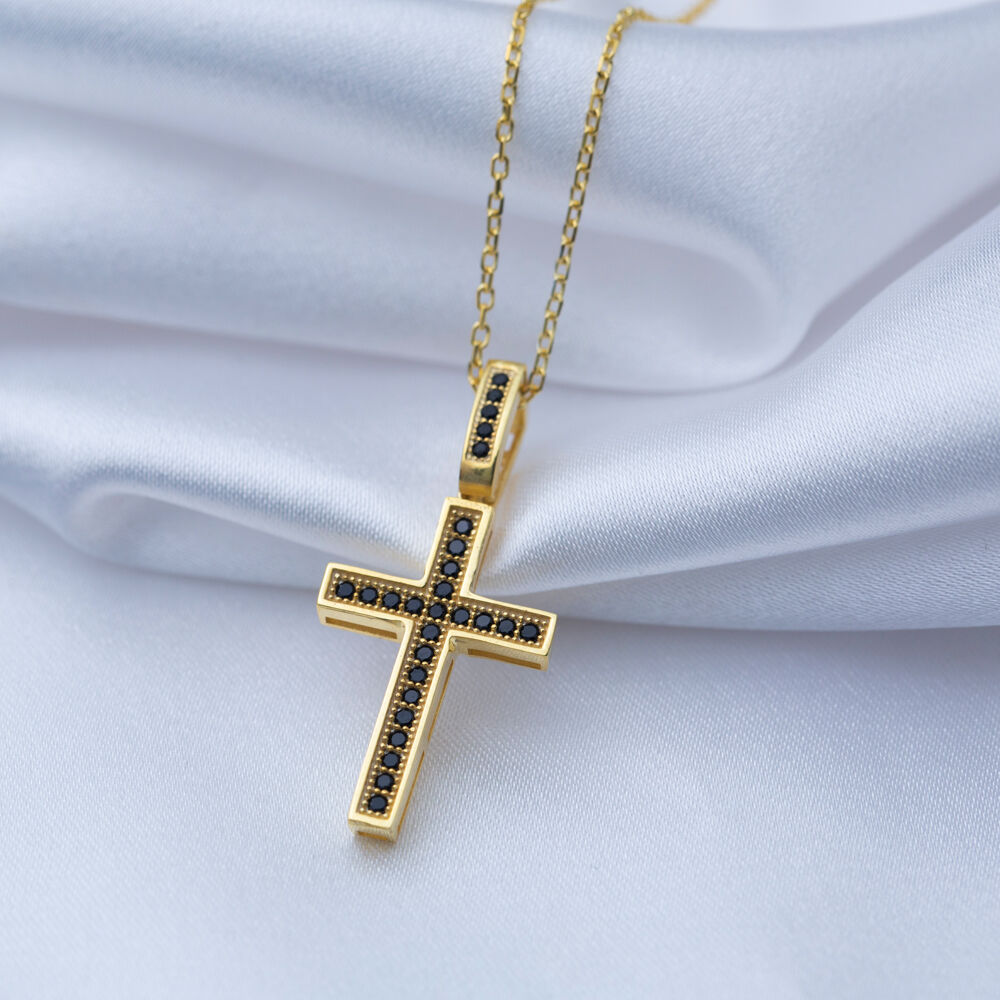 Cross Design Black CZ Charm Necklace Pendant Silver Jewelry