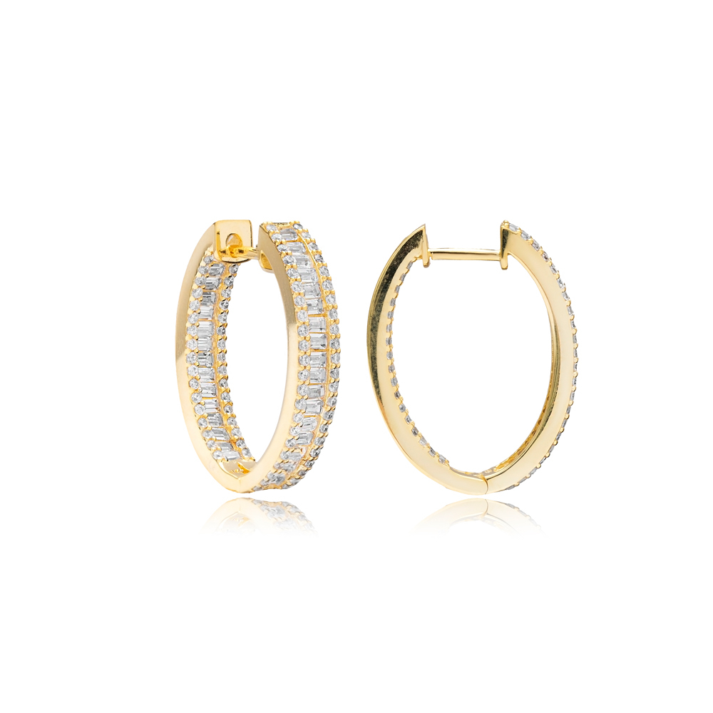 Baguette Hoop Earrings Silver 925 Sterling Handcrafted Jewelry