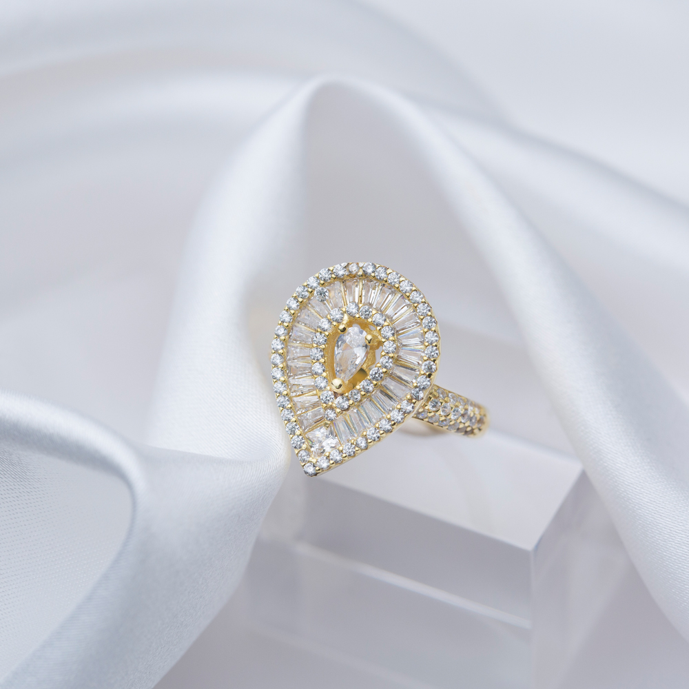Shiny CZ Pear Shape Baguette Wholesale Silver Jewelry Ring