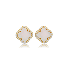 Clover Mother of Pearl Sterling Silver Stud Earrings Jewelry