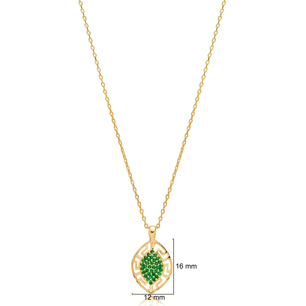 Greek Design Emerald CZ Almond 925 Silver Charm Necklace