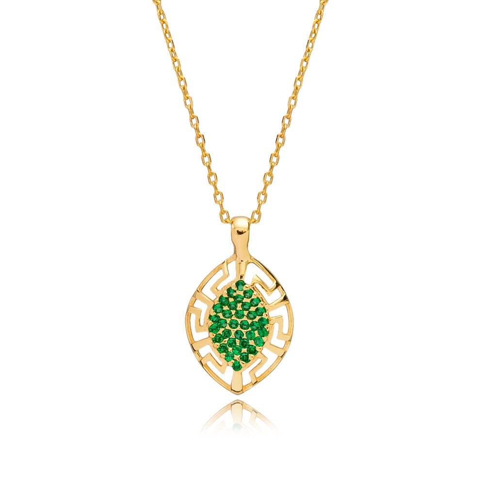Greek Design Emerald CZ Almond 925 Silver Charm Necklace