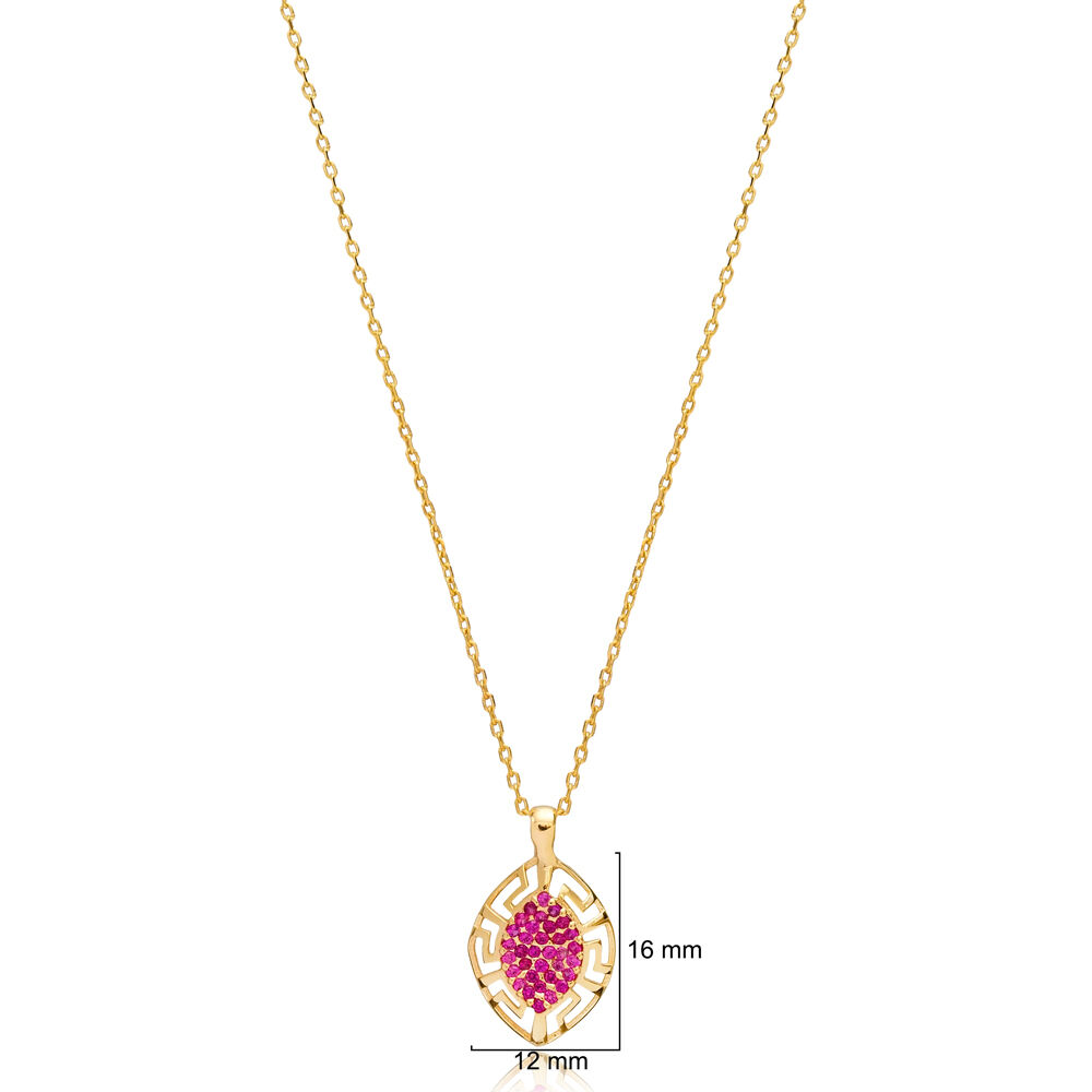 Ruby CZ Greek Design Almond 925 Wholesale Charm Necklace