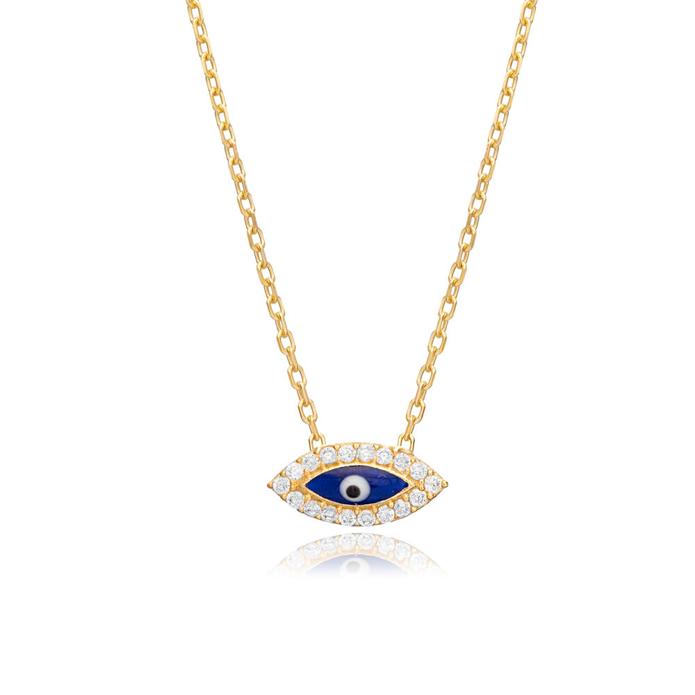 Tiny Dark Blue Enamel Evil Eye Silver Charm Pendant Necklace
