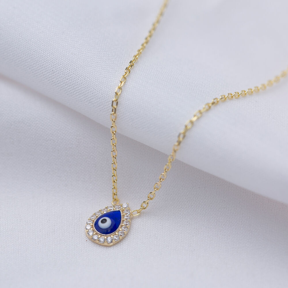 Pear Shape Dark Blue Enamel Evil Eye Silver Charm Necklace