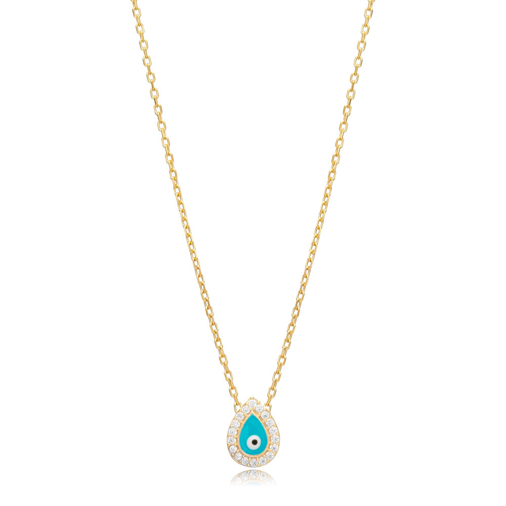 Blue Enamel Evil Eye Pear Shape Silver Charm Necklace