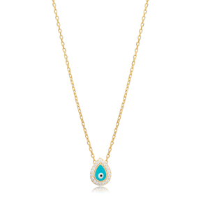 Blue Enamel Evil Eye Pear Shape Silver Charm Necklace
