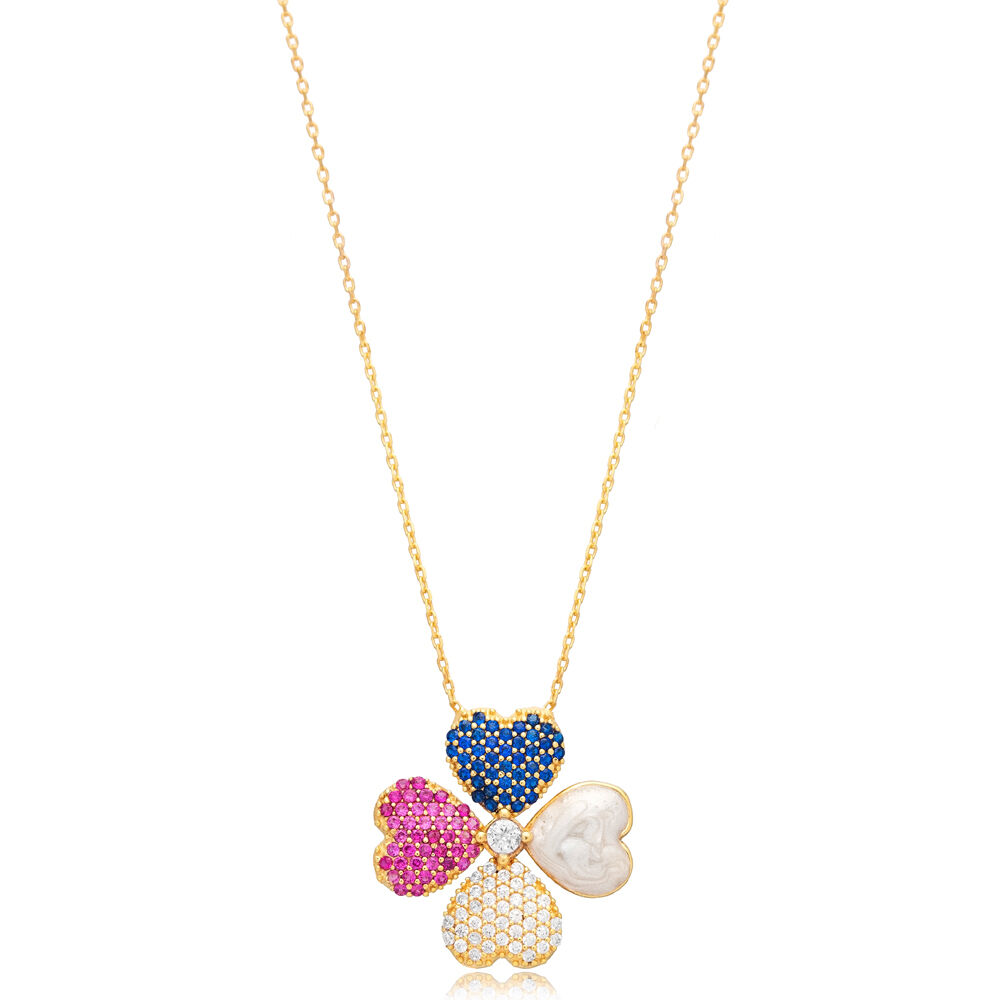 Clover CZ Stones and Mother of Pearl Enamel Charm Necklace