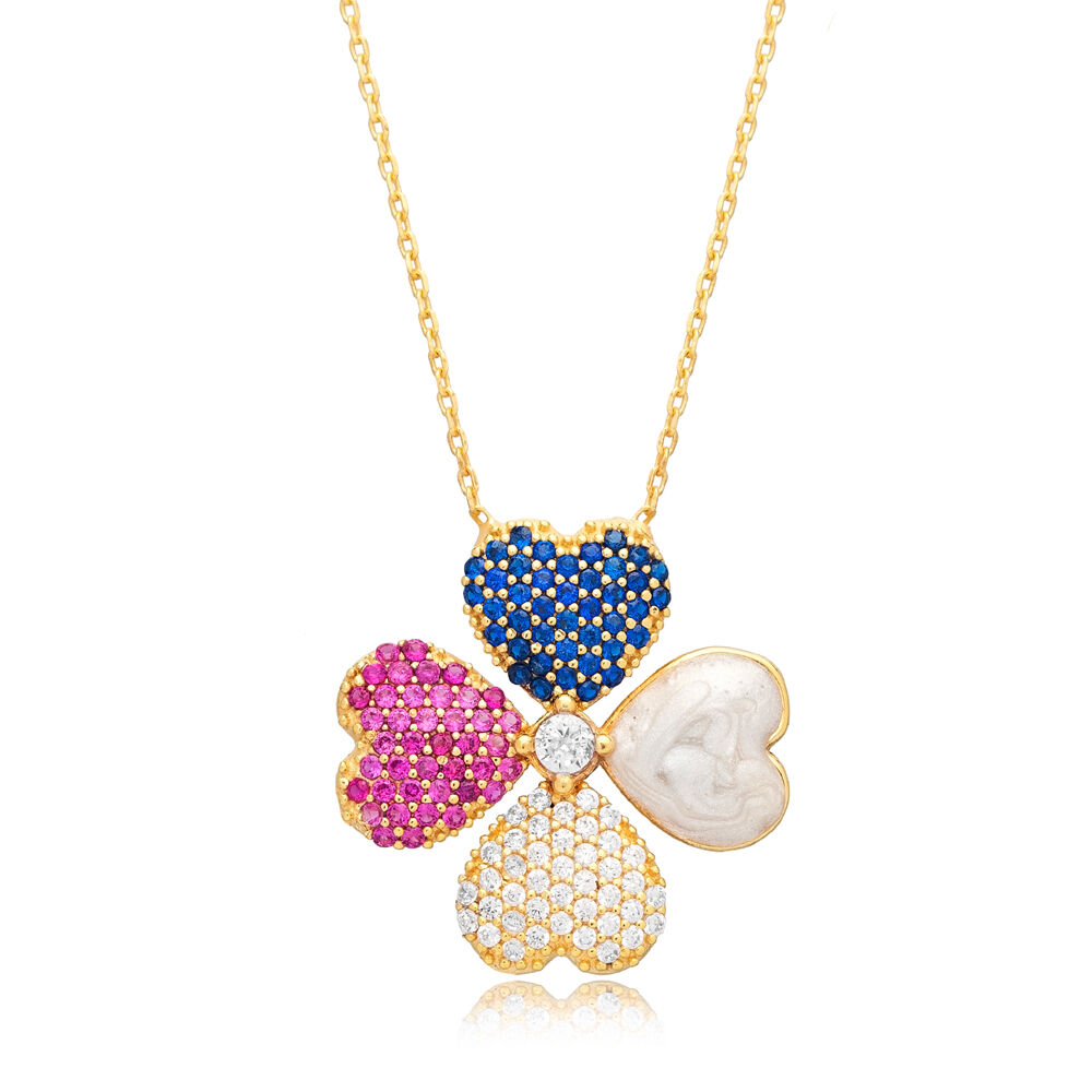 Clover CZ Stones and Mother of Pearl Enamel Charm Necklace