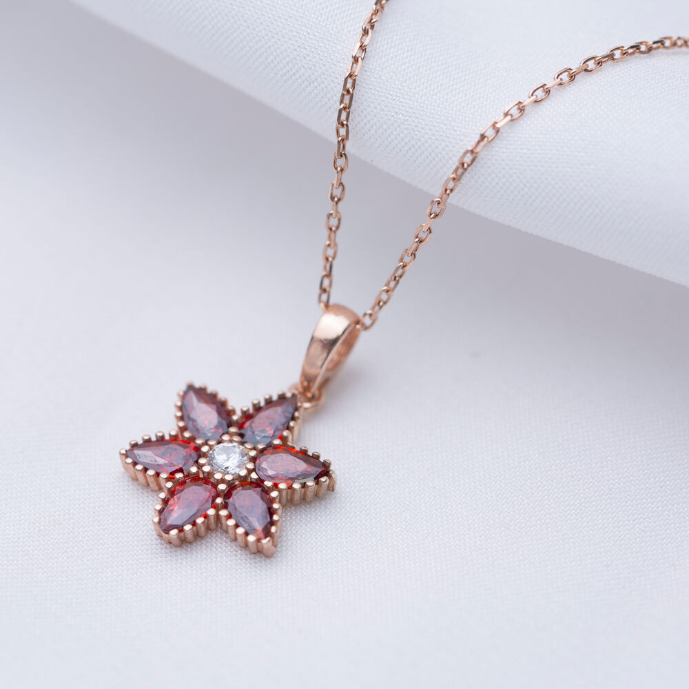 Garnet Flower Shape Sterling Silver Jewelry Charm Necklace