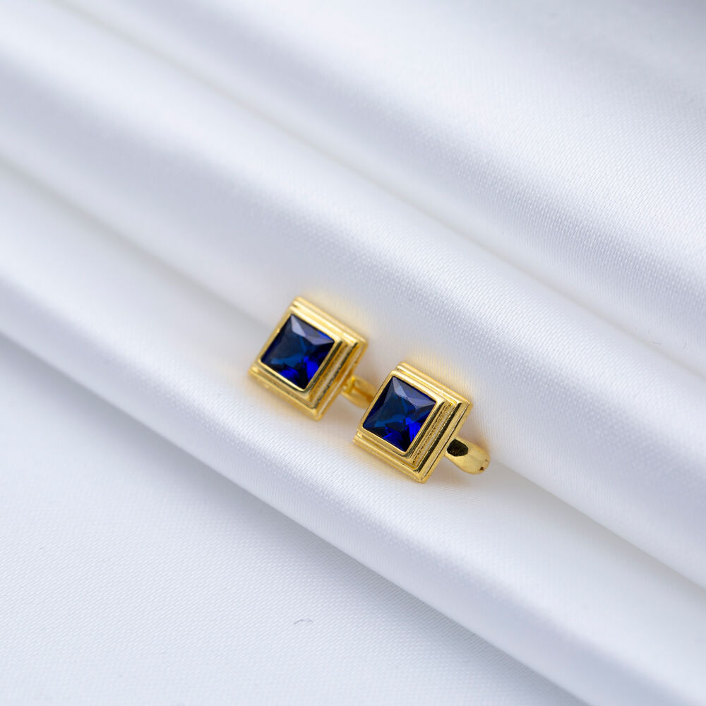Sapphire CZ Square Design Sterling Silver Latch Back Earrings