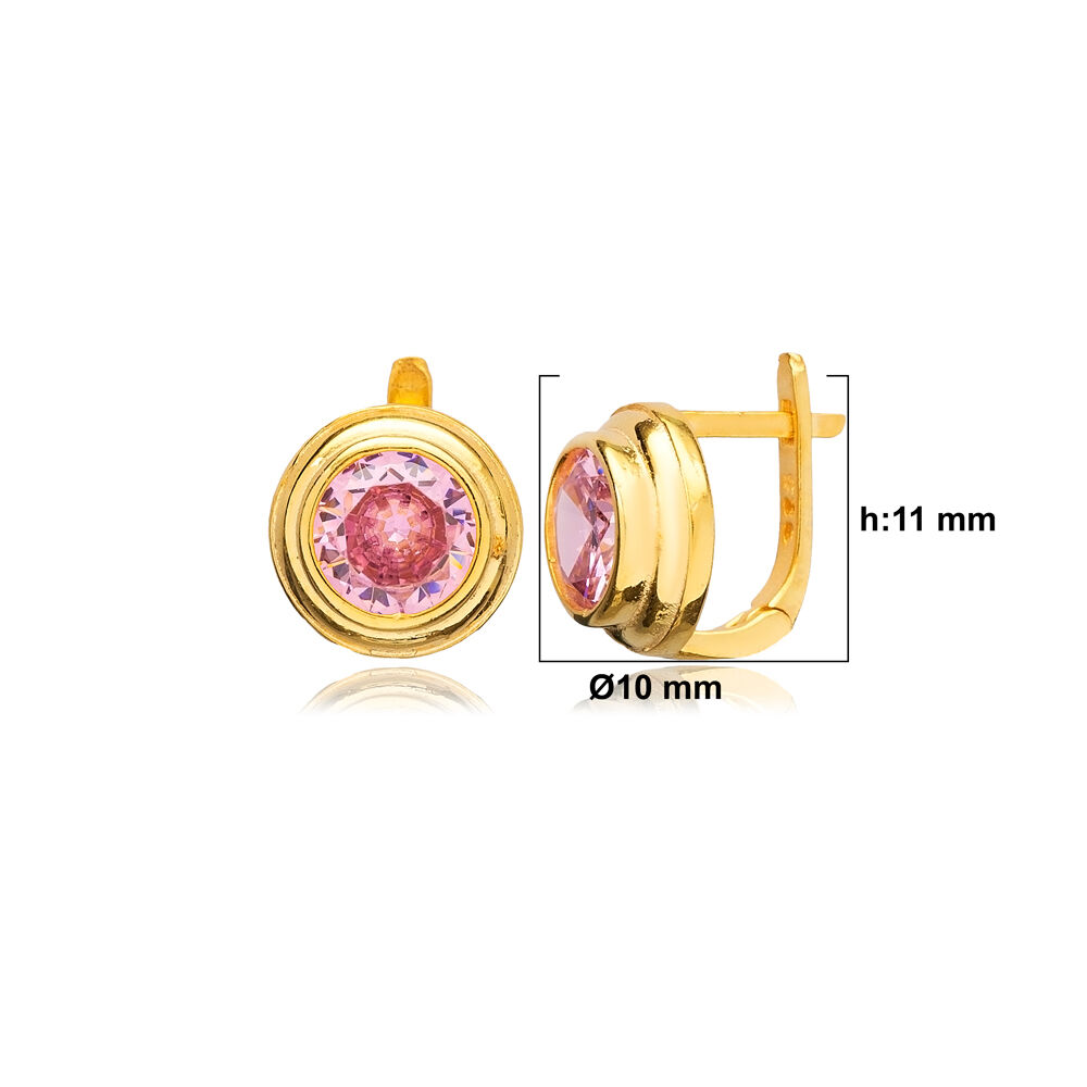 Round Design Cute Pink CZ Sterling Silver Latch Back Earring