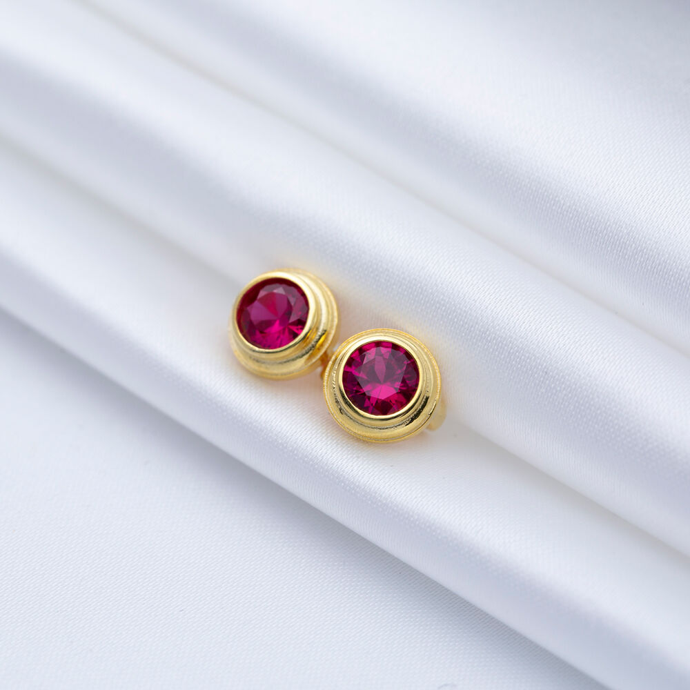 Round Design Ruby CZ Turkish Silver Latch Back Earrings