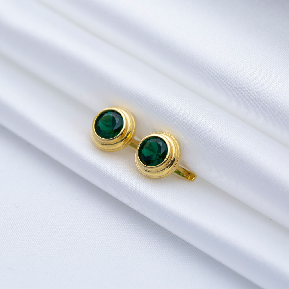 Round Design Emerald CZ Turkish Silver Latch Back Earrings