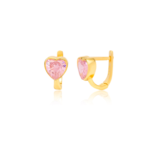 Pink CZ Heart Silver Latch Back Earrings Turkish Jewelry