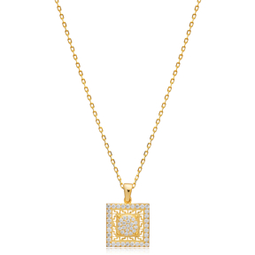 Clear CZ Square Geometric Charm Necklace Silver Jewelry