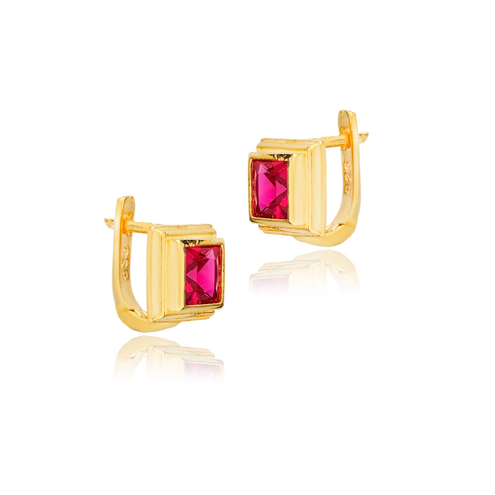 Ruby CZ Square Design Sterling Silver Latch Back Earrings