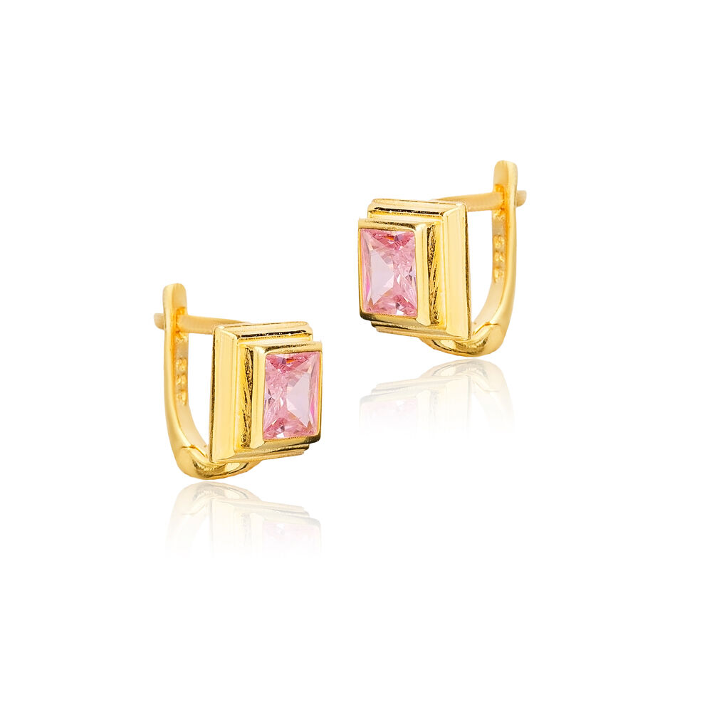 Pink CZ Square Design Sterling Silver Latch Back Earrings
