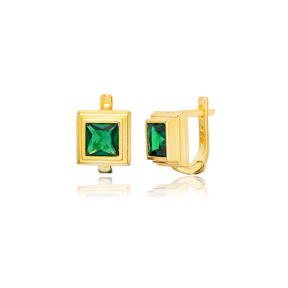 Emerald CZ Square Design Sterling Silver Latch Back Earrings