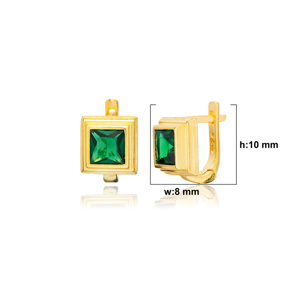 Emerald CZ Square Design Sterling Silver Latch Back Earrings