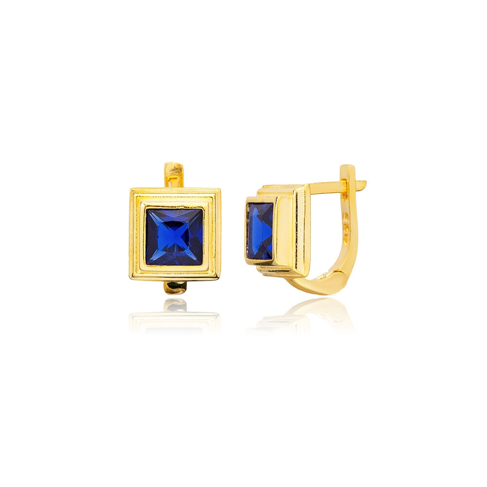 Sapphire CZ Square Design Sterling Silver Latch Back Earrings