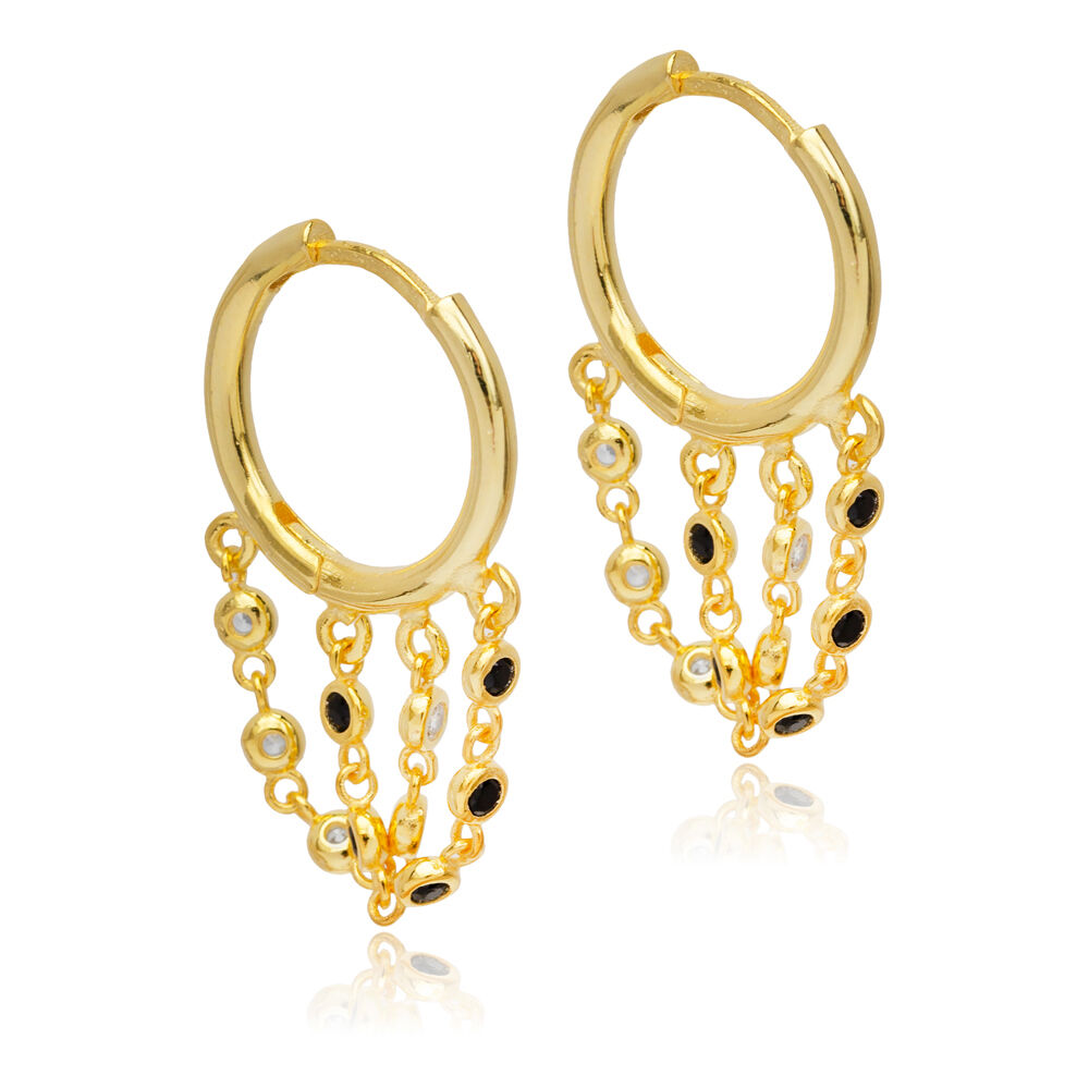Black CZ Double Chain Elegant Design Silver Hoop Earrings