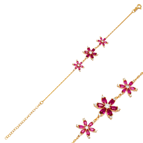 Triple Flower Ruby CZ Wholesale 925 Sterling Silver Bracelet