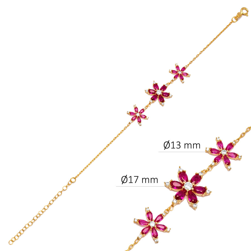 Triple Flower Ruby CZ Wholesale 925 Sterling Silver Bracelet
