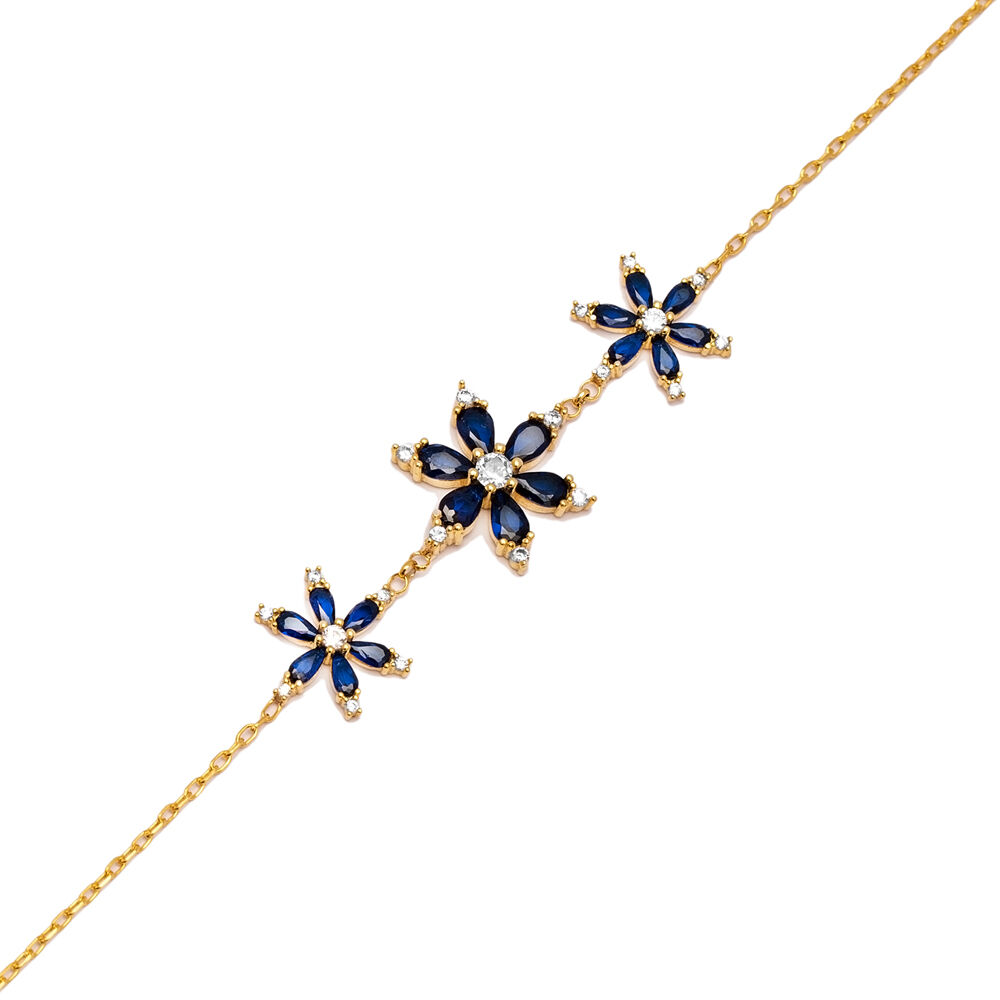 Triple Flower Sapphire CZ Turkish Wholesale Silver Bracelet