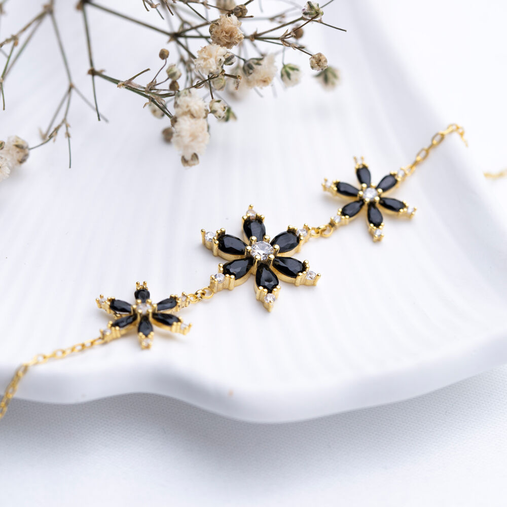 Triple Flower Black CZ Turkish Wholesale Silver Bracelet