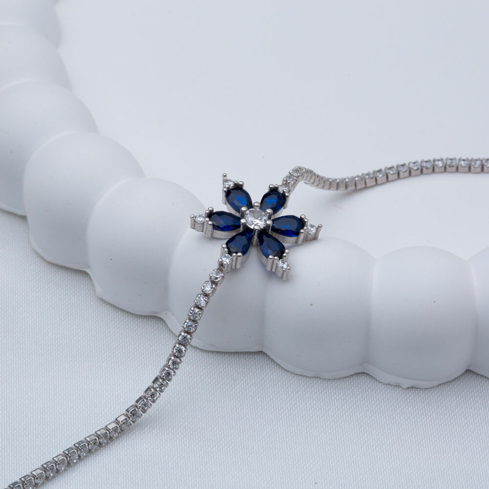 Sapphire CZ Flower Design Wholesale Handmade Silver Bracelet