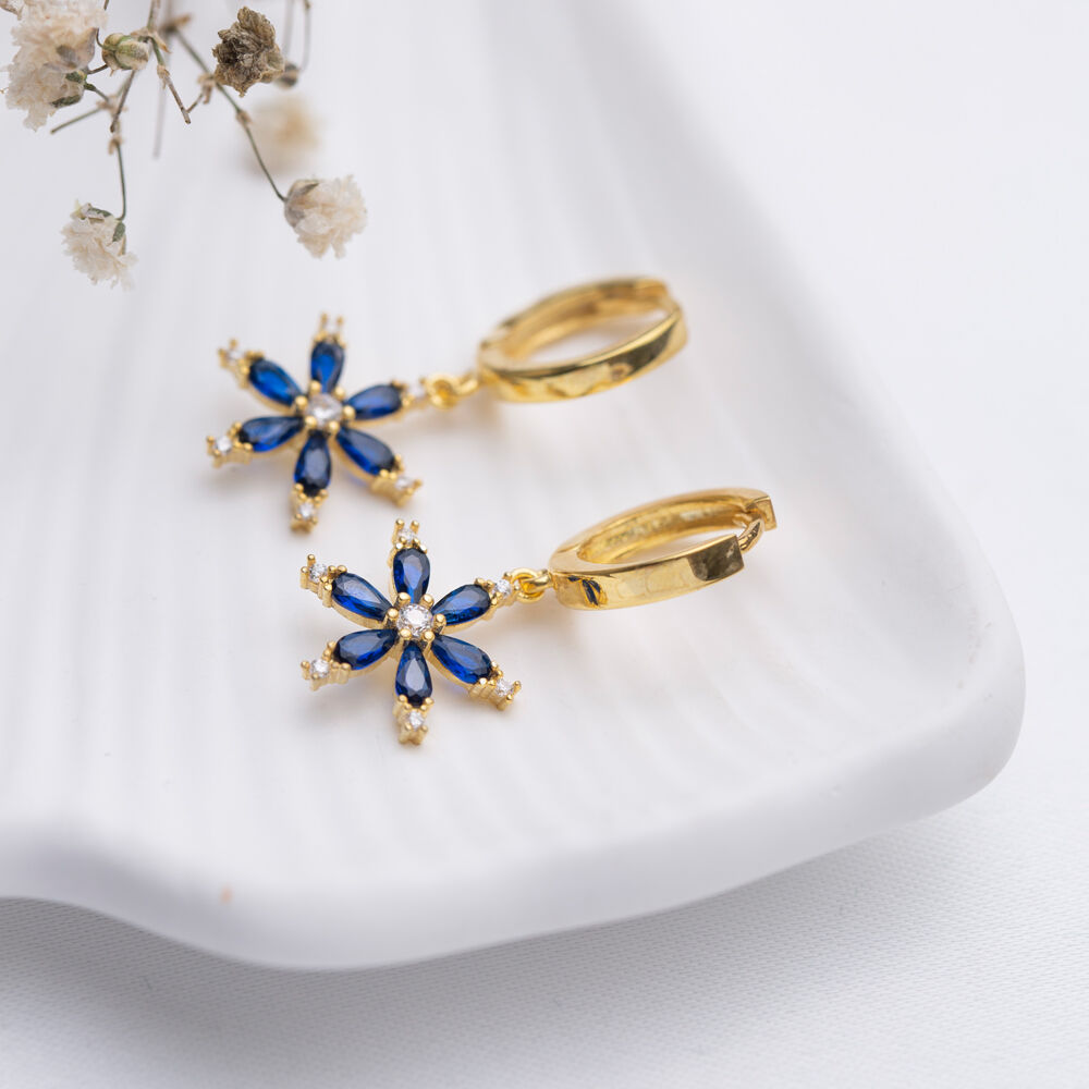 Sapphire CZ Flower Design 925 Turkish Silver Dangle Earrings