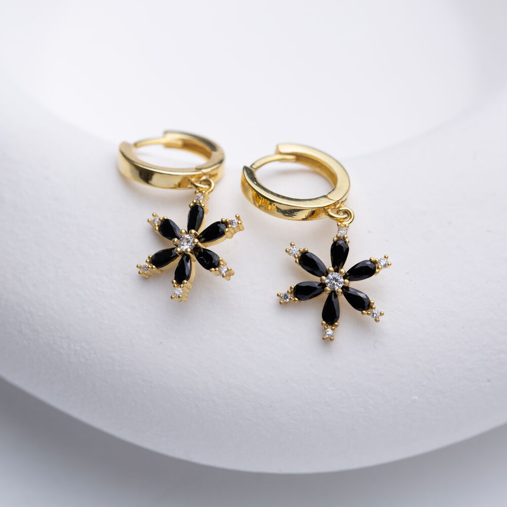 Black CZ Flower Design Turkish 925 Silver Dangle Earrings