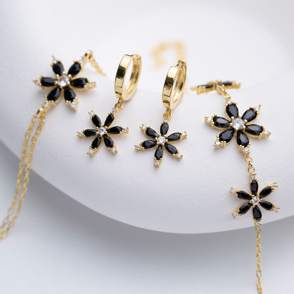 Black CZ Flower Design Turkish 925 Silver Dangle Earrings