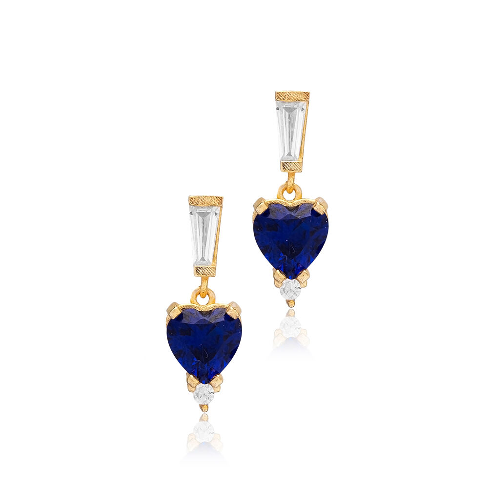 Sapphire CZ Heart Stud Earrings Handmade Silver Jewelry