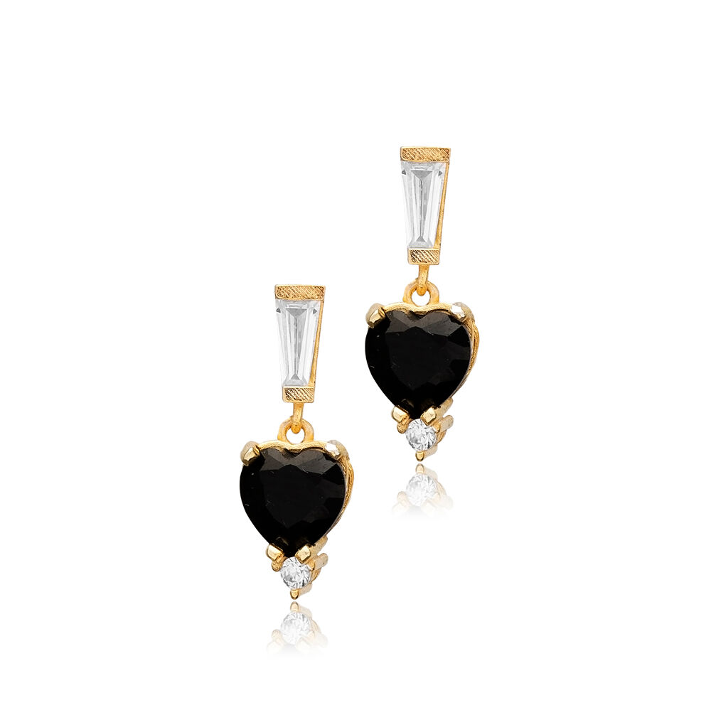 Black CZ Heart Stud Earrings Handmade Silver Jewelry