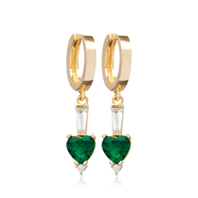 Emerald CZ Heart Turkish Handmade 925 Silver Dangle Earrings