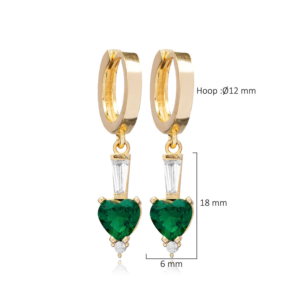Emerald CZ Heart Turkish Handmade 925 Silver Dangle Earrings