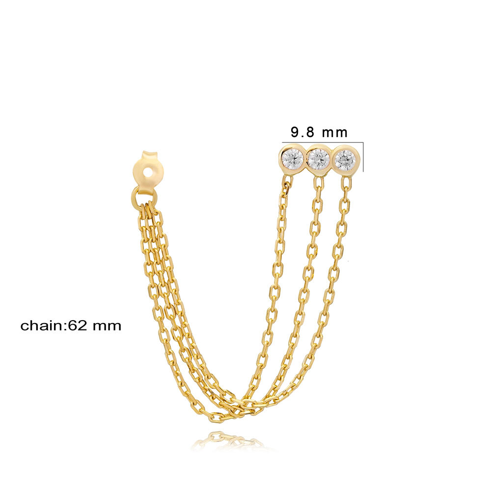 Single Earring Triple CZ Chain Turkish 925 Silver Jewelry