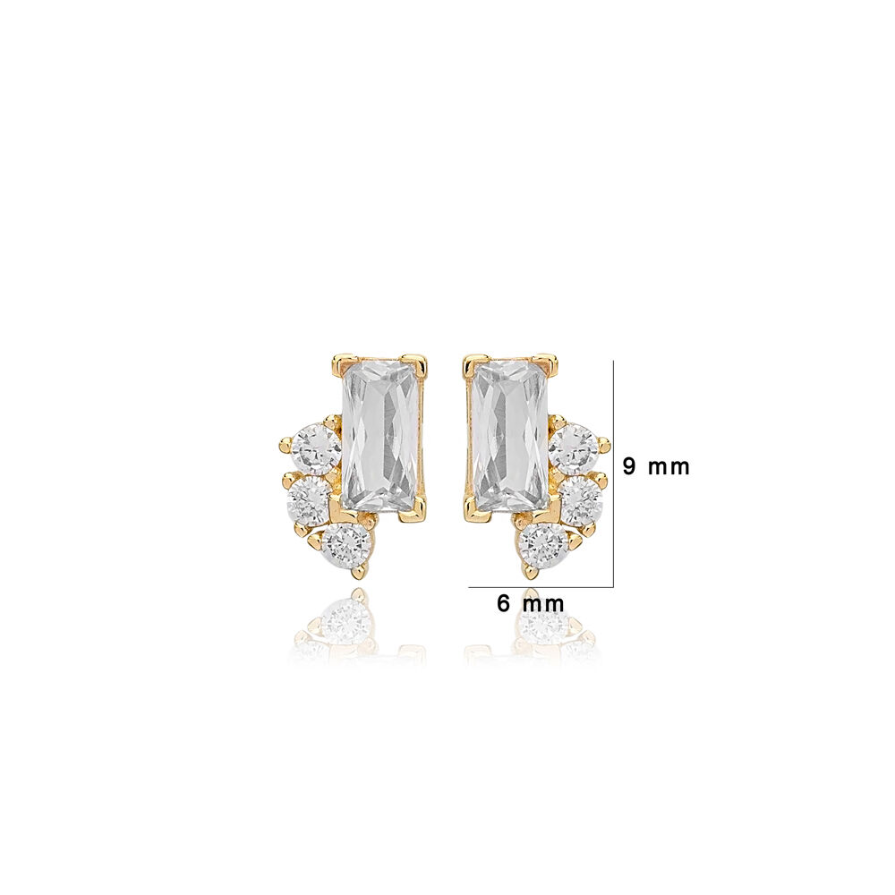 Tiny Clear Zircon Baguette Stud Earrings Silver Jewelry