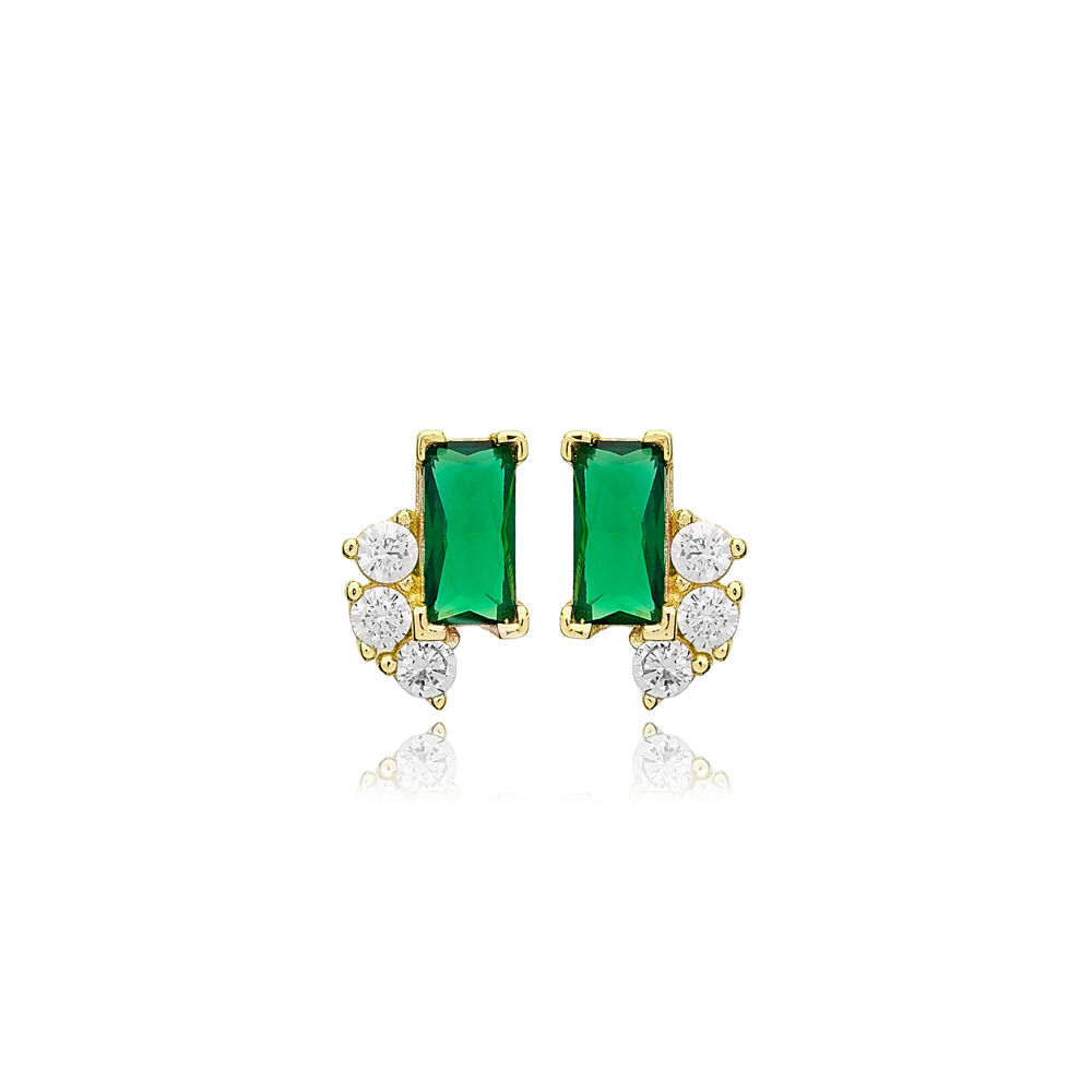Tiny Emerald CZ Baguette Stud Earrings 925 Silver Jewelry