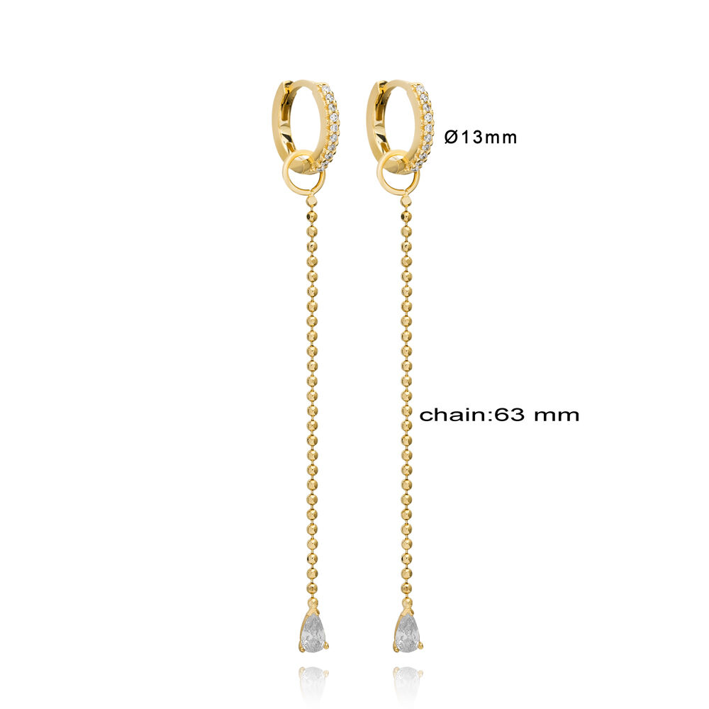 Ball Chain Design Pear Dainty Long Earrings Silver Jewelry
