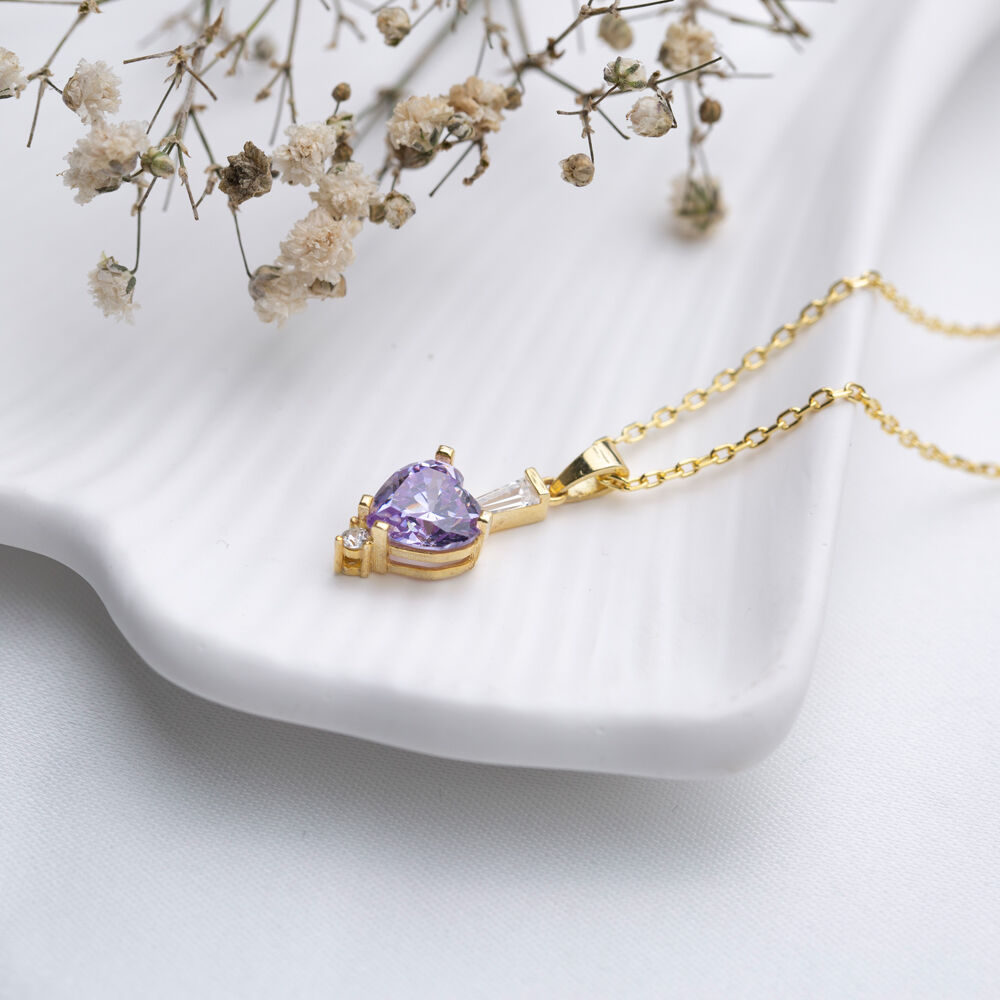 Lilac Amethyst CZ Stone Heart Design Silver Charm Necklace