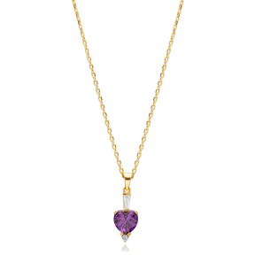 Amethyst CZ Stone Heart Design Silver Charm Necklace