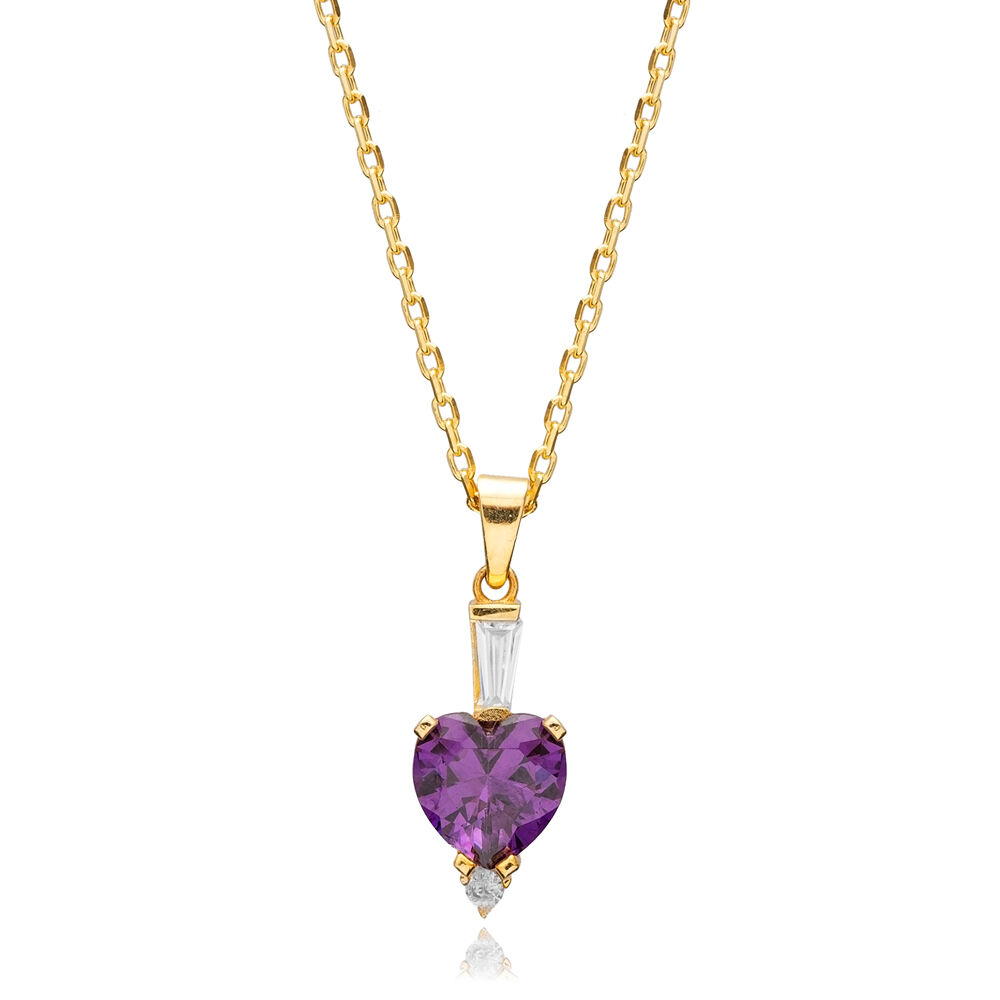 Amethyst CZ Stone Heart Design Silver Charm Necklace