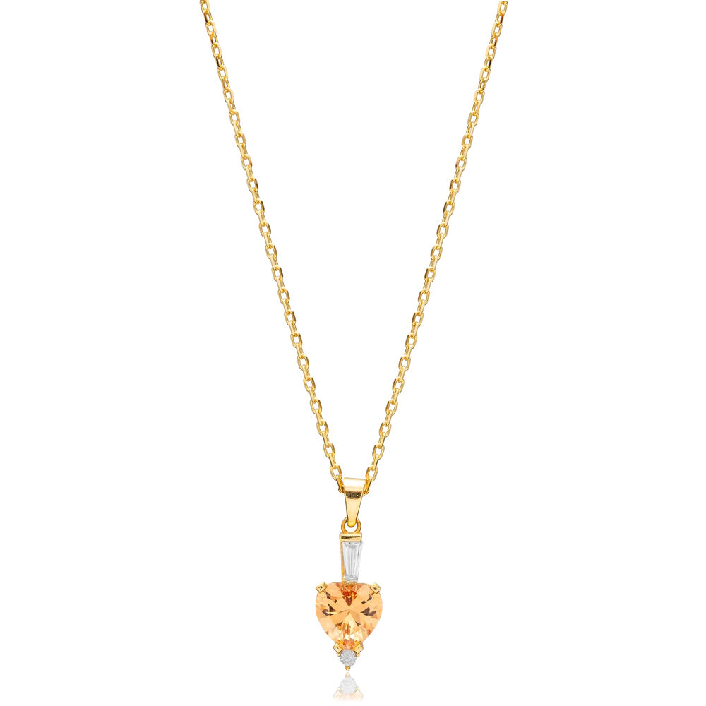 Orange Citrine Zircon Heart Silver Charm Necklace Pendant