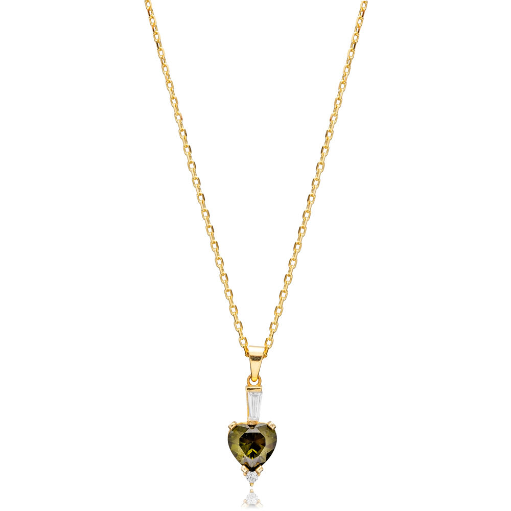 Peridot Zircon Stone Heart Design Silver Charm Necklace