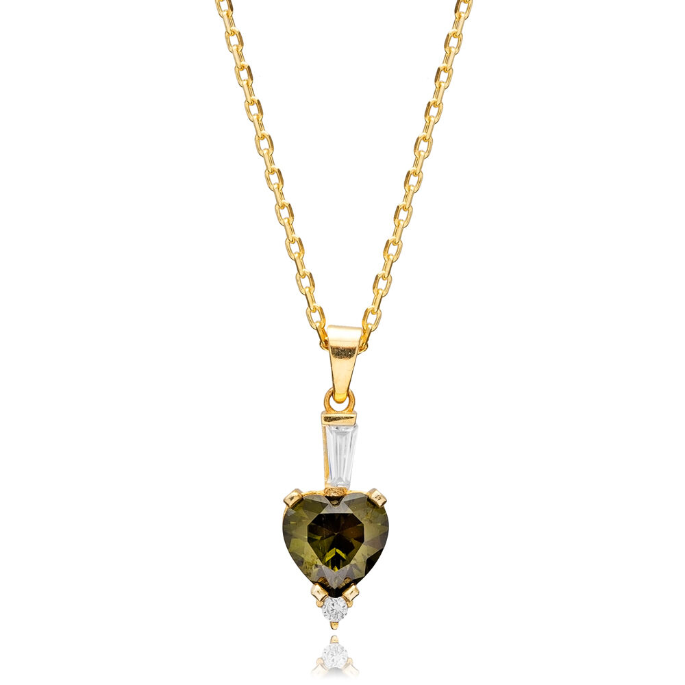Peridot Zircon Stone Heart Design Silver Charm Necklace