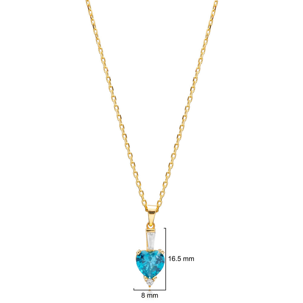 Aquamarine Zircon Stone Heart Design Silver Charm Necklace